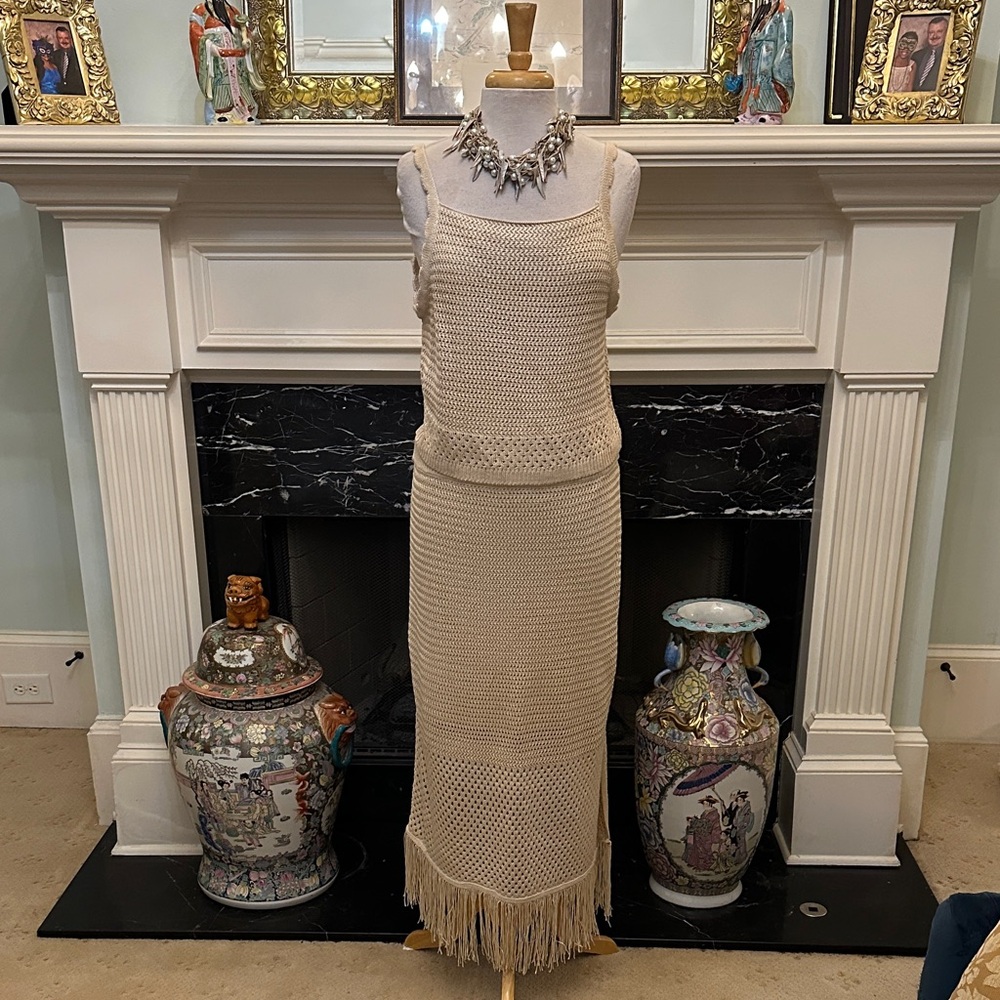“House of Harlow 1960” Tan crochet fabric top & skirt w/ fringe trim